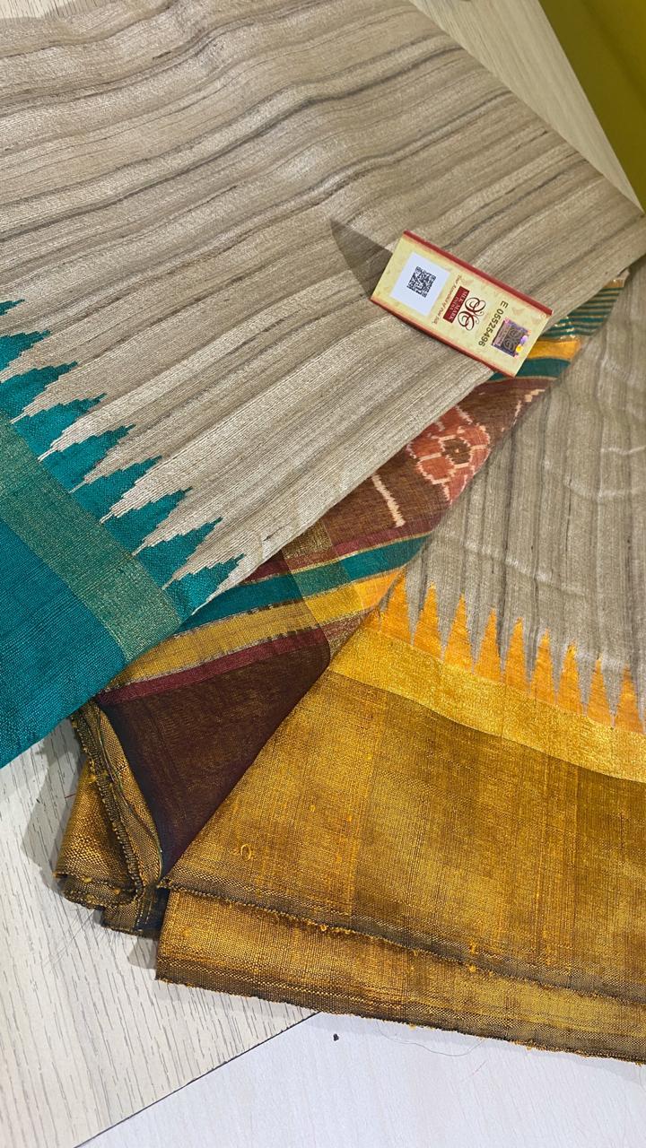 Pure Ghicha Tussar Saree - Double Sided Temple Border With Ikat Jari Woven Pallu , Contrast Striped Blouse For All Seasons