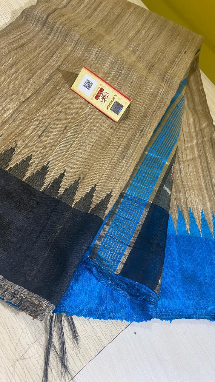 Pure Ghicha Tussar Saree - Double Sided Temple Border With Ikat Jari Woven Pallu , Contrast Striped Blouse For All Seasons