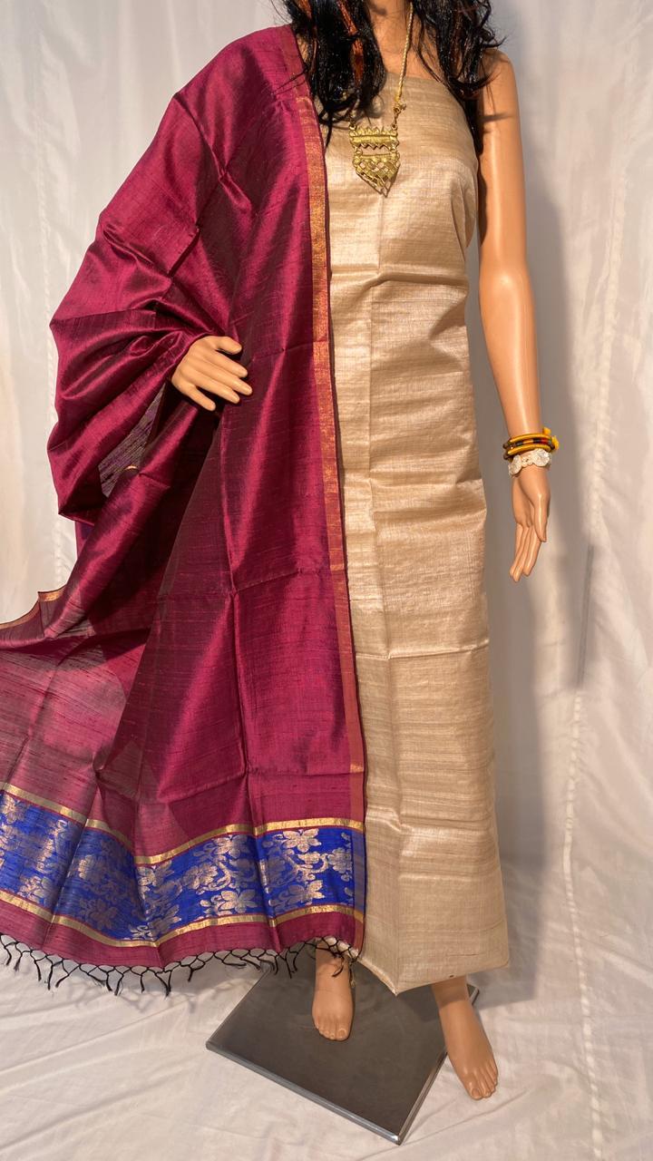 Pure Desi Tussar Silk Plain Top 2.5 Mtrs ,Pure Dupion Raw Silk Handloom Long 2.5 Mtrs Dupatta Texture: Woven