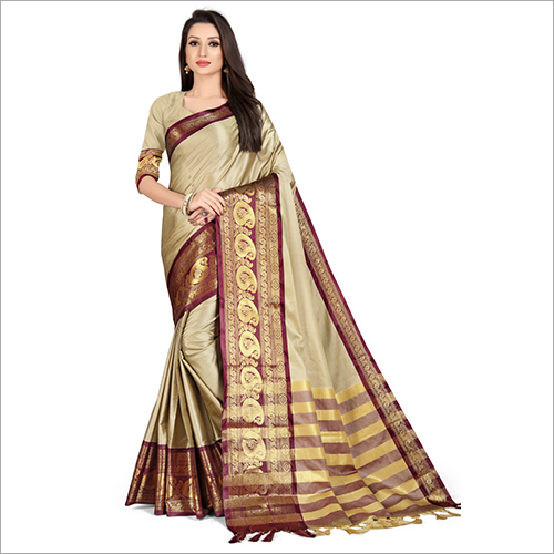 Ladies Designer Handloom Silk Saree - Silk Material, Beige and Golden Color Combination | Elegant for Festive Occasions, Suitable for All Seasons
