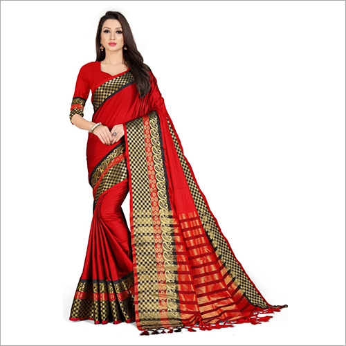 Ladies Handloom Simple Saree - Silk Material, Plain Pattern | Red Color, Suitable for Rainy, Spring, Summer, and Winter Festive Occasions