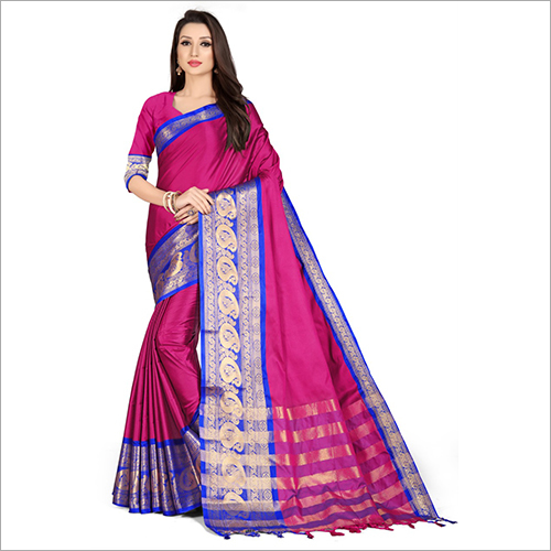 Ladies Party Wear Plain Saree - Silk Material, Pink With Blue Border , Perfect For Festive Occasions In All Seasons