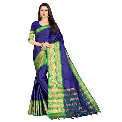 Ladies Party Wear Plain Saree - Silk Material, Pink With Blue Border , Perfect For Festive Occasions In All Seasons
