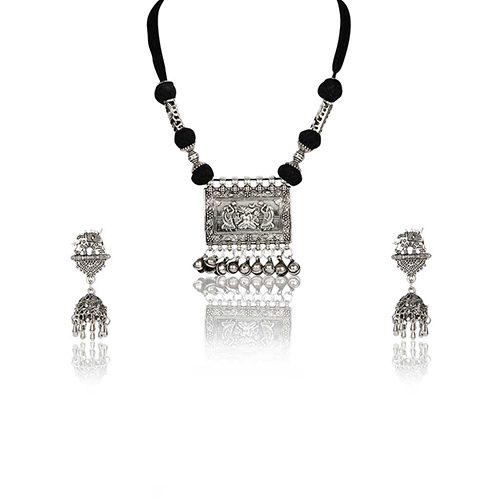 Classic Designed Necklace With Earings Set - Oxidized Silver, 16-18 Inch Necklace, 1 Inch Dangling Earrings | Elegant Design, Classic Style, Black Accents