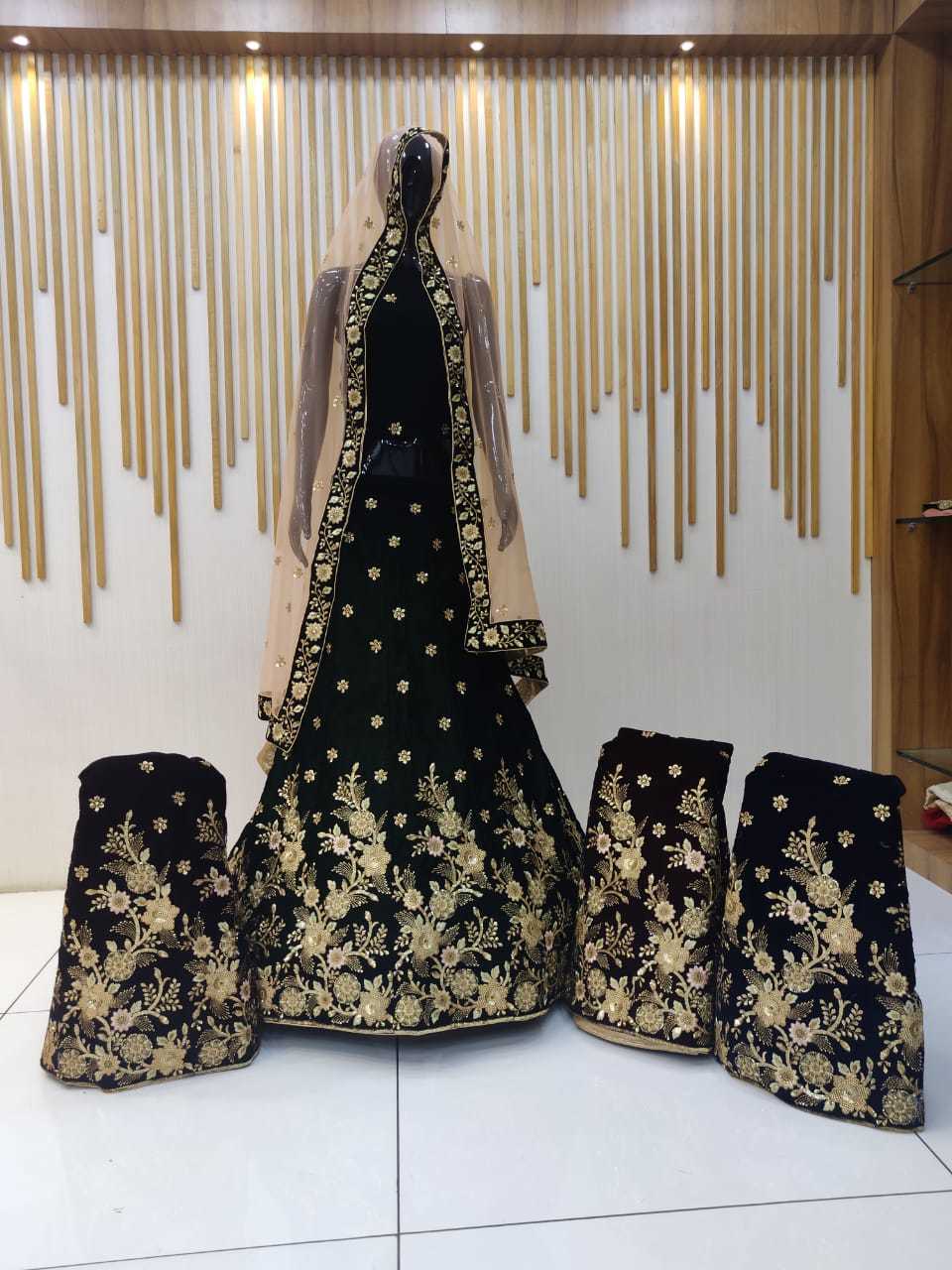 Chaniya Choli - Velvet Multicolor Fabric, 44 Inch Length, Short Sleeves, Embroidered Pattern, Custom Sizes Available, Dry Clean Only, No Fade, Unlimited Variations Available