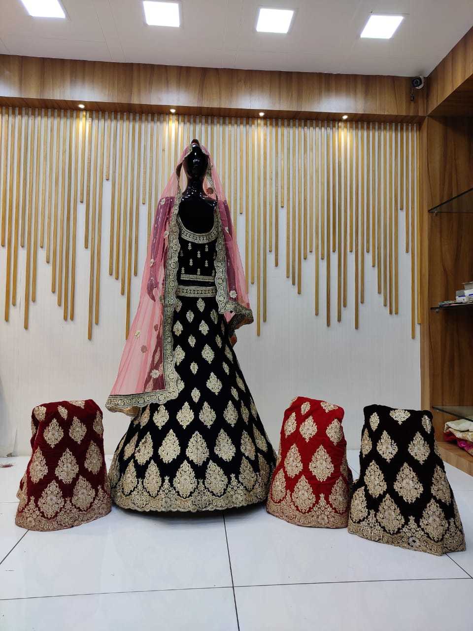 Chaniya Choli - Velvet Multicolor Fabric, 44 Inch Length, Short Sleeves, Embroidered Pattern, Custom Sizes Available, Dry Clean Only, No Fade, Unlimited Variations Available