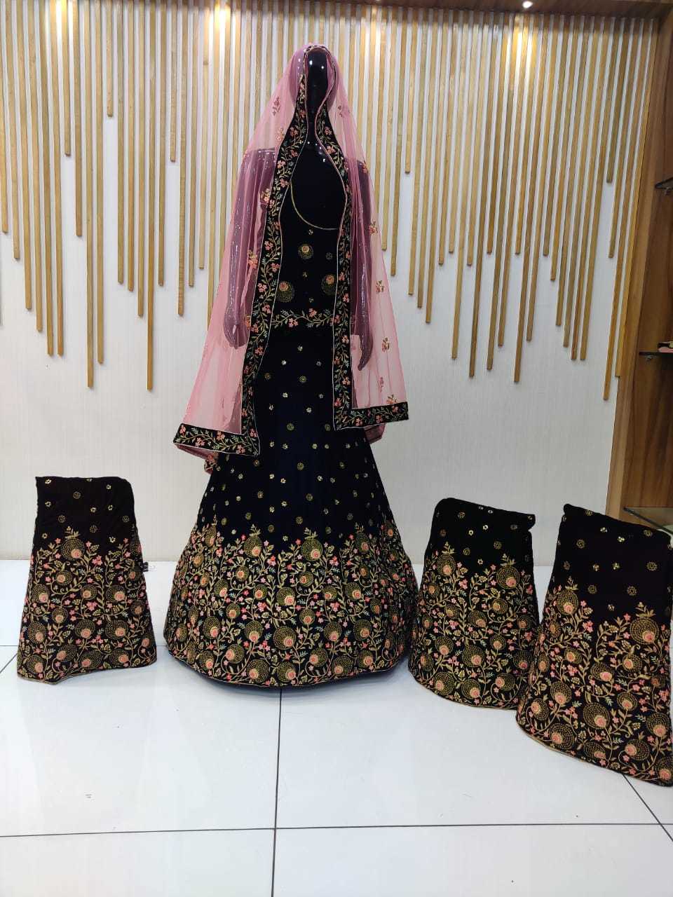 Chaniya Choli - Velvet Multicolor Fabric, 44 Inch Length, Short Sleeves, Embroidered Pattern, Custom Sizes Available, Dry Clean Only, No Fade, Unlimited Variations Available