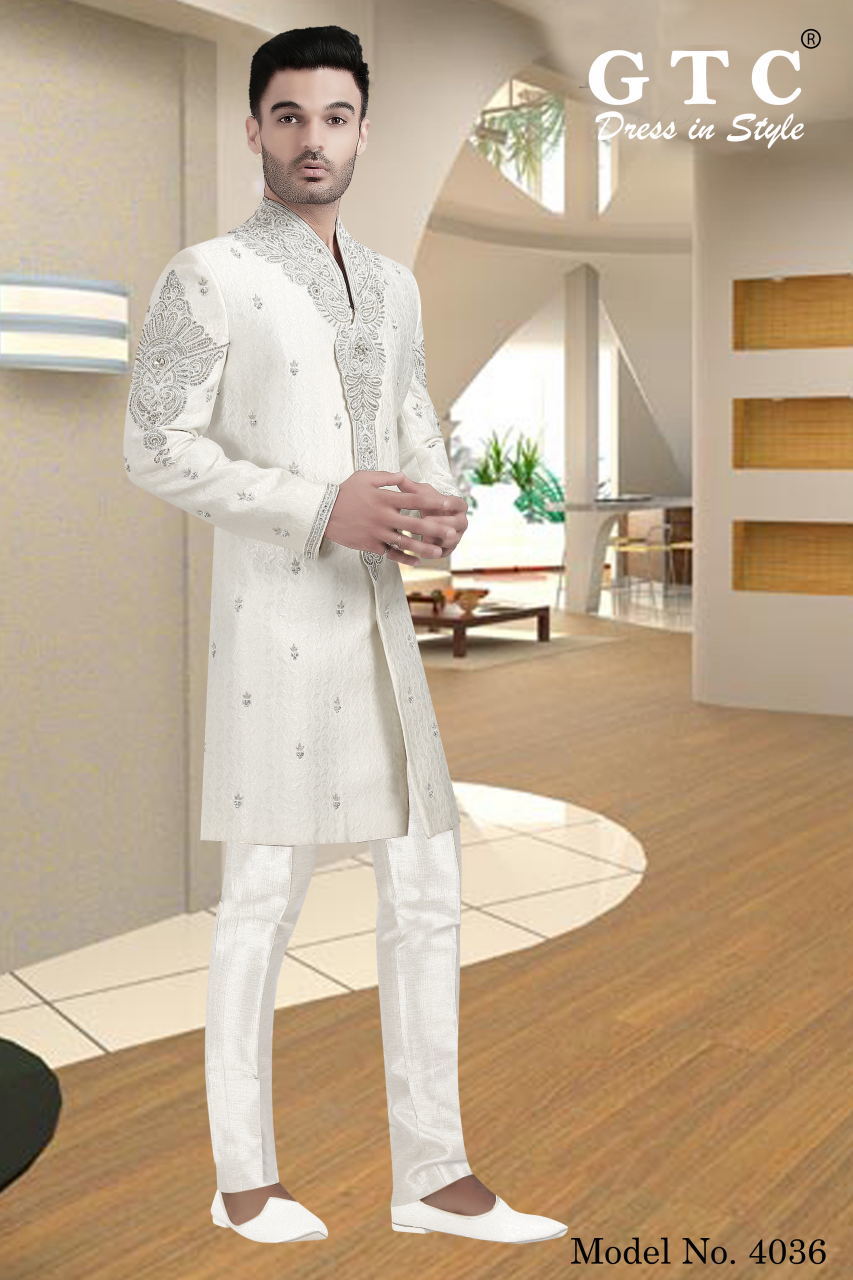 Exclusive & Wedding Sherwani - Art Silk Jacquard, Customized Size & White Color | Hand-beaded Work, Long Sleeve Design With Brijis