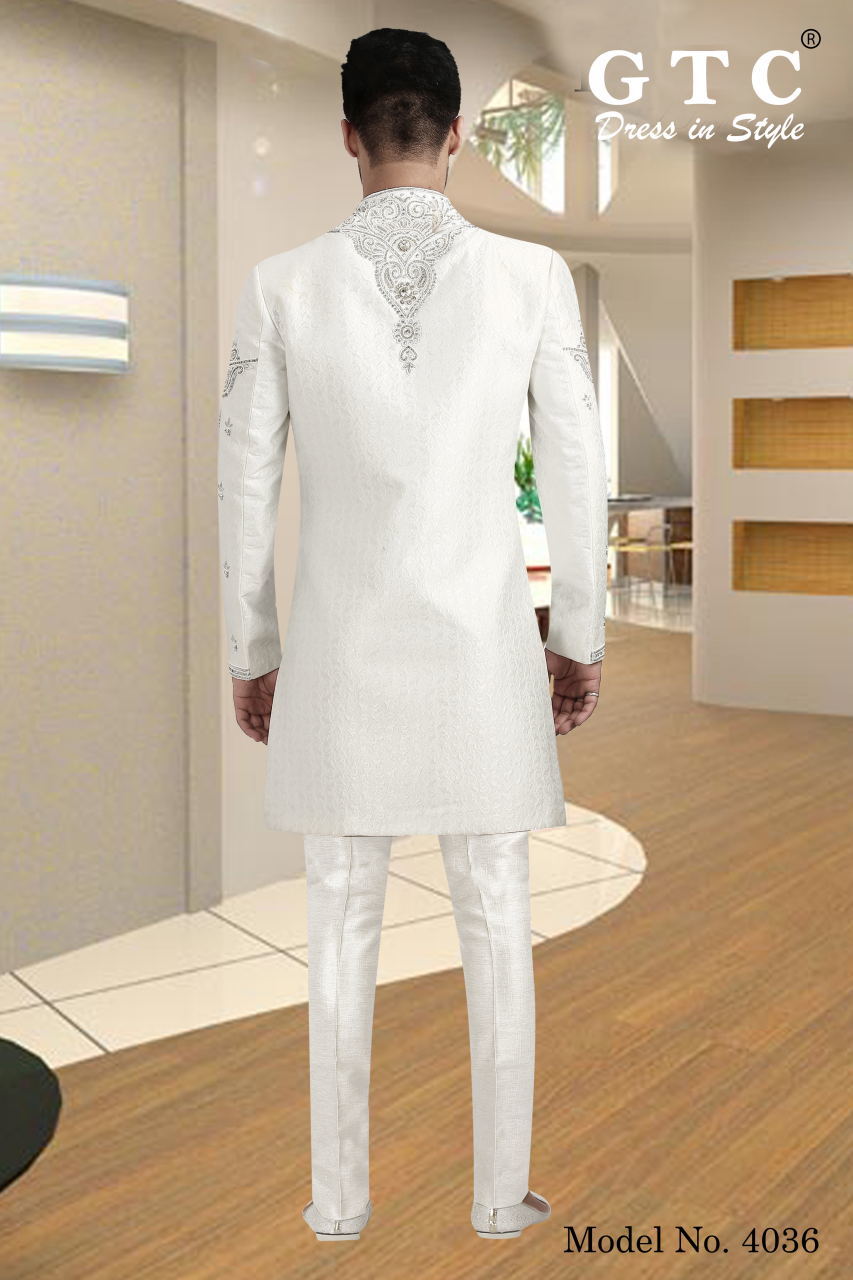 Exclusive & Wedding Sherwani - Art Silk Jacquard, Customized Size & White Color | Hand-beaded Work, Long Sleeve Design With Brijis