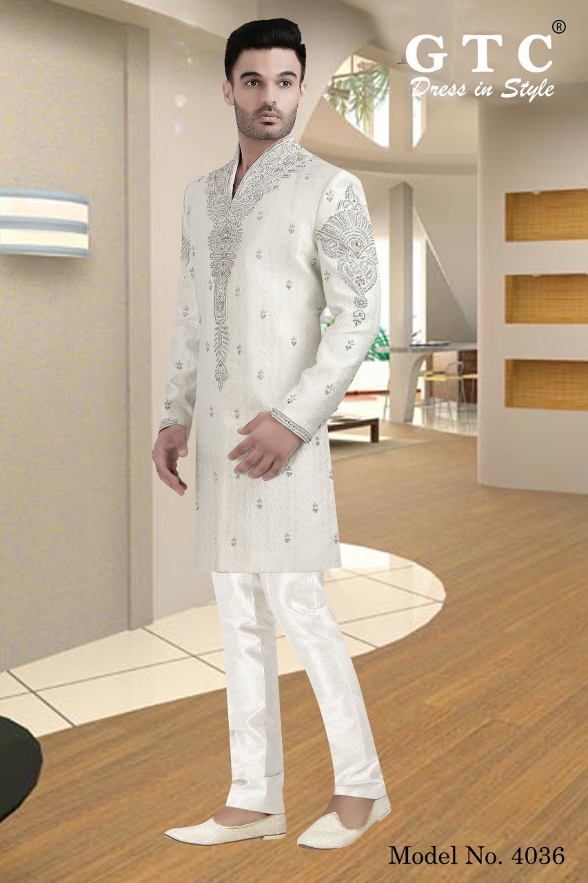 Exclusive & Wedding Sherwani - Art Silk Jacquard, Customized Size & White Color | Hand-beaded Work, Long Sleeve Design With Brijis