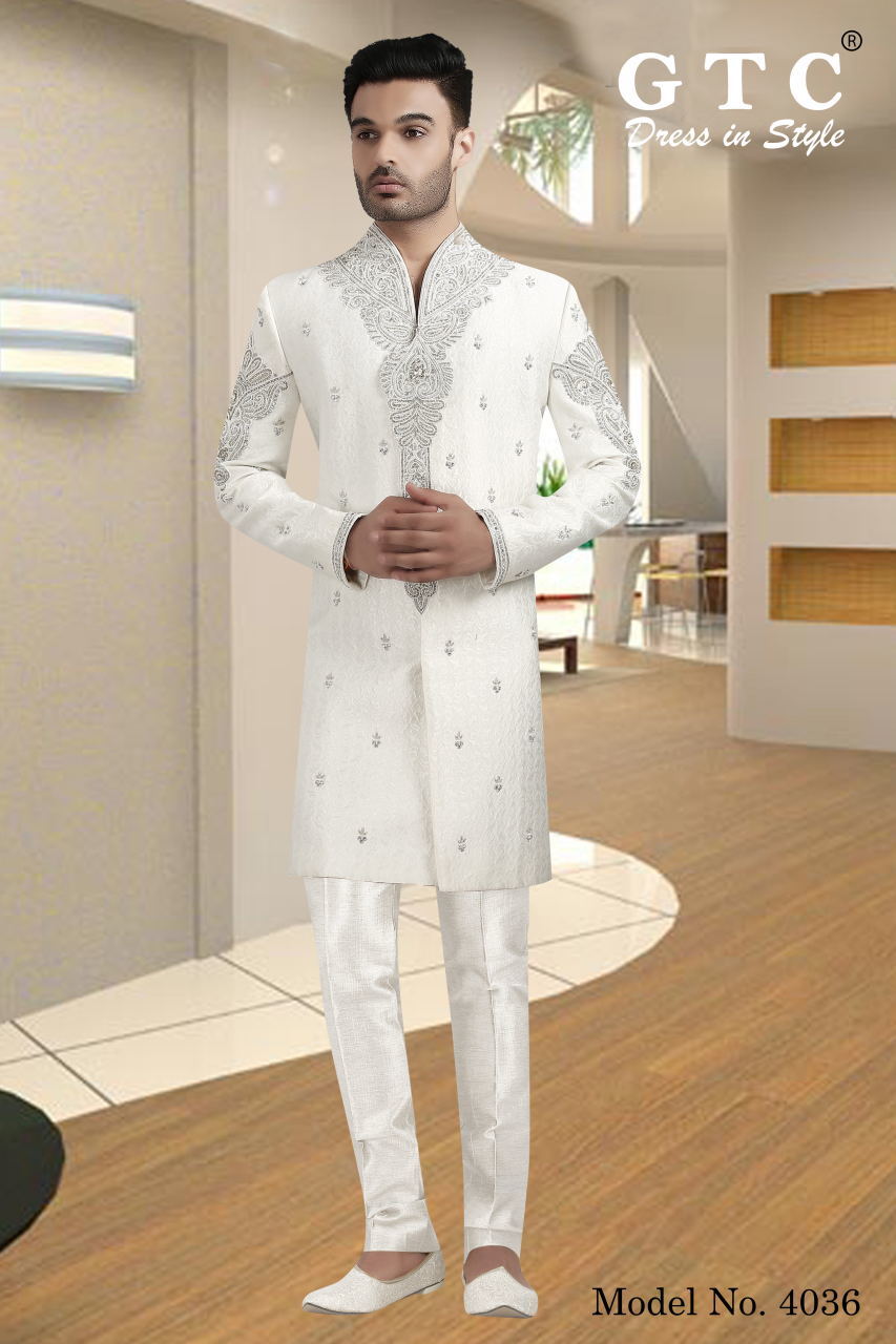 Exclusive & Wedding Sherwani - Art Silk Jacquard, Customized Size & White Color | Hand-beaded Work, Long Sleeve Design With Brijis
