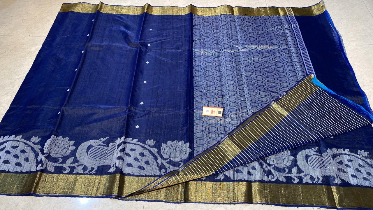 Woven Pure Dupion Raw Silk Handloom Peacock Border Jala Saree.