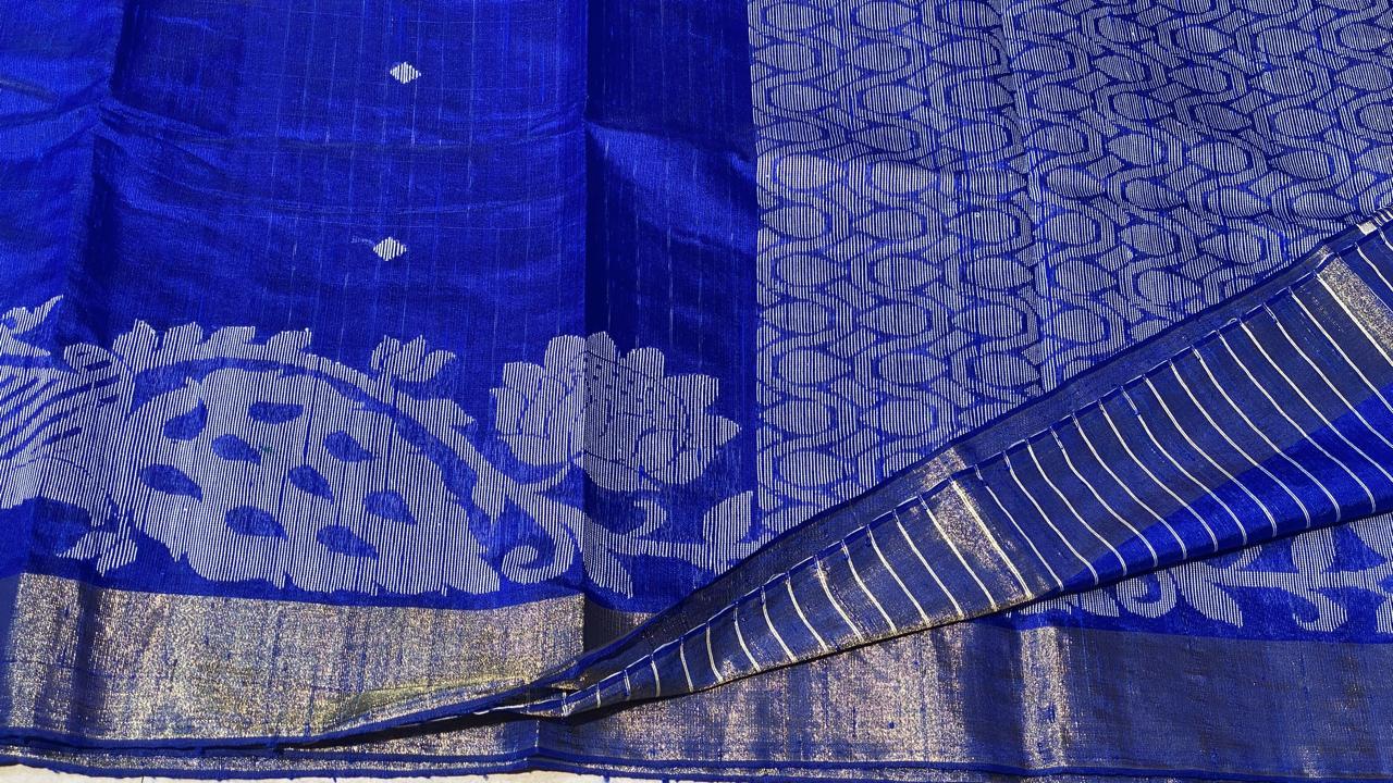 Woven Pure Dupion Raw Silk Handloom Peacock Border Jala Saree.