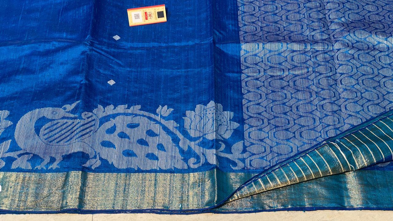Woven Pure Dupion Raw Silk Handloom Peacock Border Jala Saree.