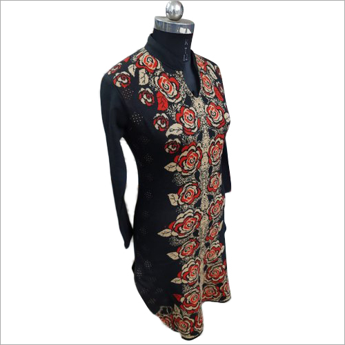 Ladies Floral Print Woolen Long Kurti - Woolen, Sizes S, M, L, Xl, Xxl | Long Sleeve, Printed Pattern, Winter Daily Wear, Washable
