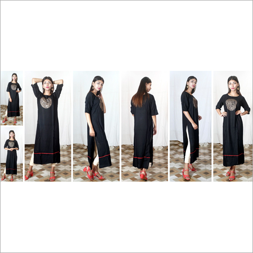 Ladies Rayon Black Straight Kurti - Airjet Rayon & Foil Print Plazzo Set, 3/4 Sleeve, All Season Wear, Washable, No Fade, Quick Dry