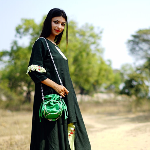 Ladies Potli Bag - Elegant Hand Bag, Green with Zipper Closure | Versatile Design for Ethnic & Western Wear, Exquisite Embellishments