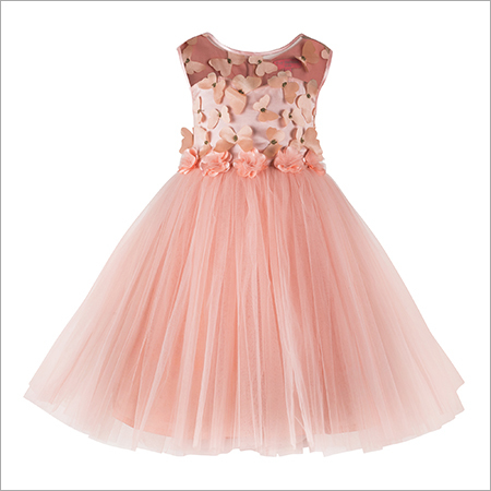 Kids Peach Butterfly Dress - Polyester Satin, Customized Sizes 2-12 Years | Sleeveless Design, Elegant Plain Satin Waistband, Comfortable Cotton Lining, Perfect for Summer Parties