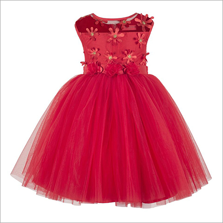 Applique Red Knee Length Party Frock Age Group: 2-12 Years