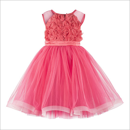 Rose Applique Coral Frock. Age Group: 2-12 Years