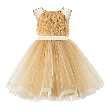 Applique Golden Knee Length Girls Party Frock Age Group: 2-12 Years