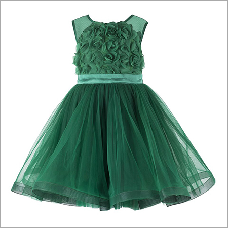 Rose Applique Green Frock. Age Group: 2-12 Years