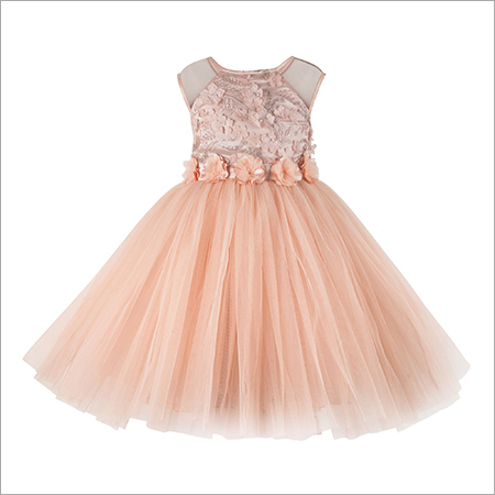 Flower Bead Applique Golden Frock Age Group: 2-12 Years