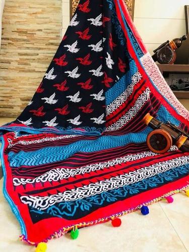 Printed Mulmul Cotton Saree With Pompom Lace