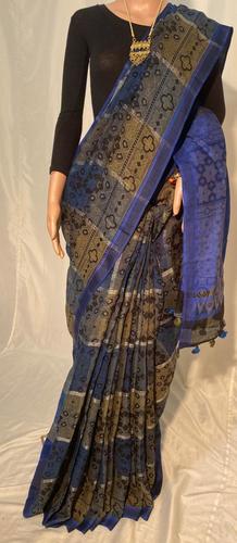 Silk Pure Linen By Linen 120 Count Hand Block Printed Saree.