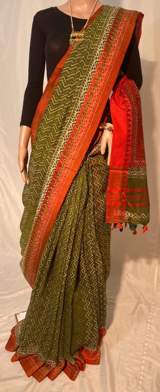 Silk Pure Linen By Linen 120 Count Hand Block Printed Saree.