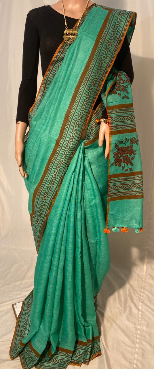 Silk Pure Linen By Linen 120 Count Hand Block Printed Saree.