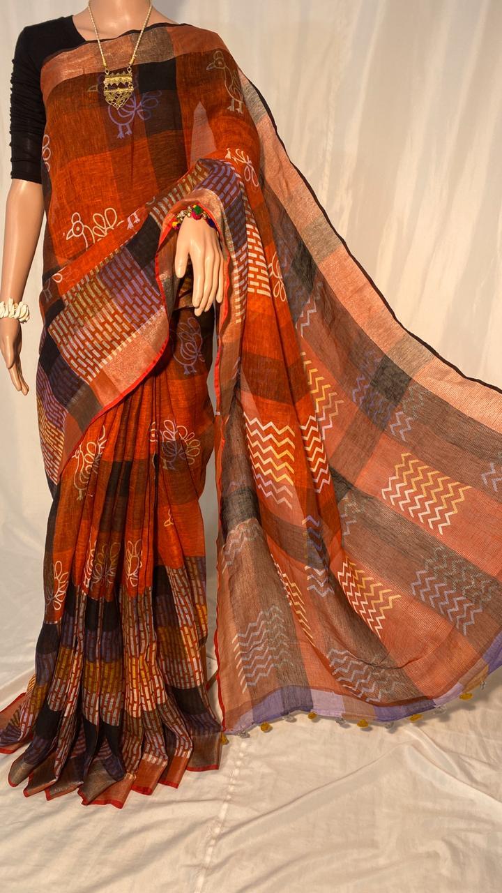 Silk Pure Linen By Linen 120 Count Hand Block Printed Saree.