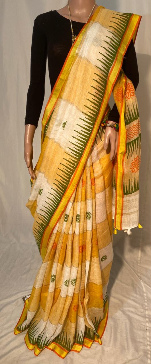 Silk Pure Linen By Linen 120 Count Hand Block Printed Saree.
