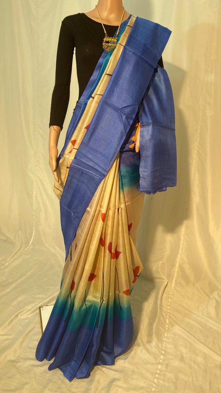 Woven Pure Tussar Silk Hand Printed Saree