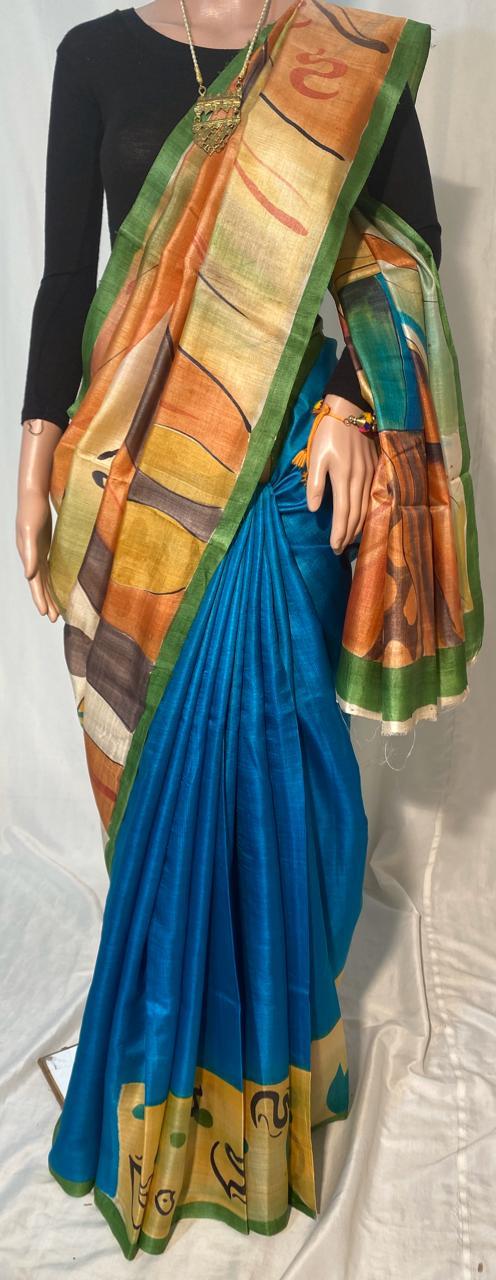 Woven Pure Tussar Silk Hand Printed Saree