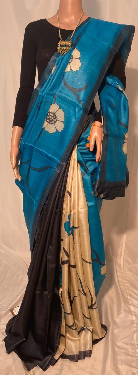 Woven Pure Tussar Silk Hand Printed Saree