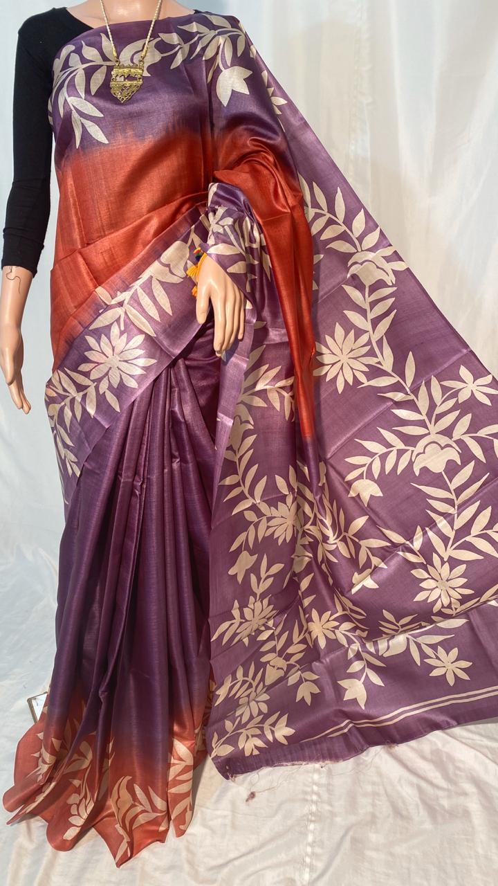 Woven Pure Tussar Silk Hand Printed Saree