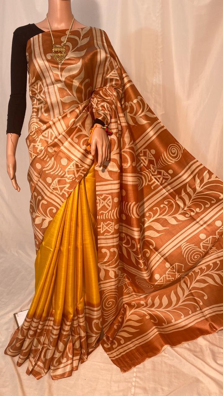 Woven Pure Tussar Silk Hand Printed Saree