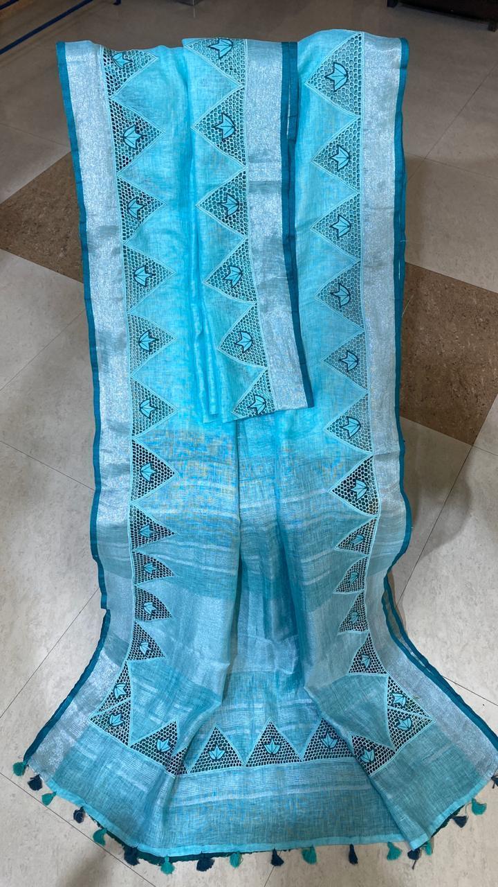 Woven Pure Linen By Linen 120 Count Cut Work Saree.