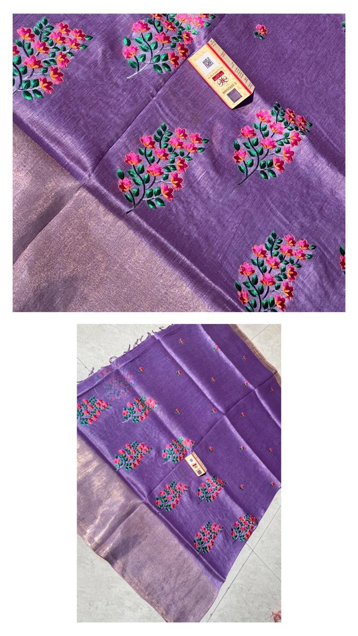 Embroidered Pure Linen Silk Saree With Machine Embroidery All Over Saree.