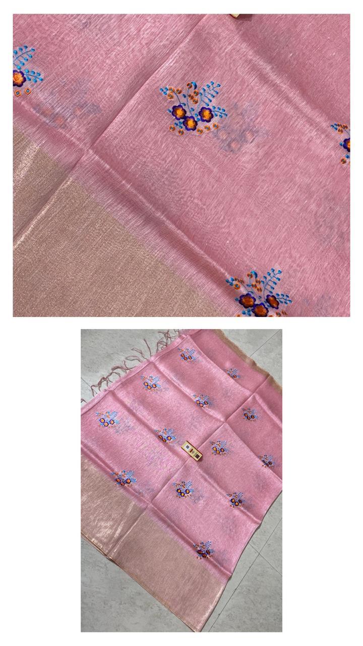 Embroidered Pure Linen Silk Saree With Machine Embroidery All Over Saree.