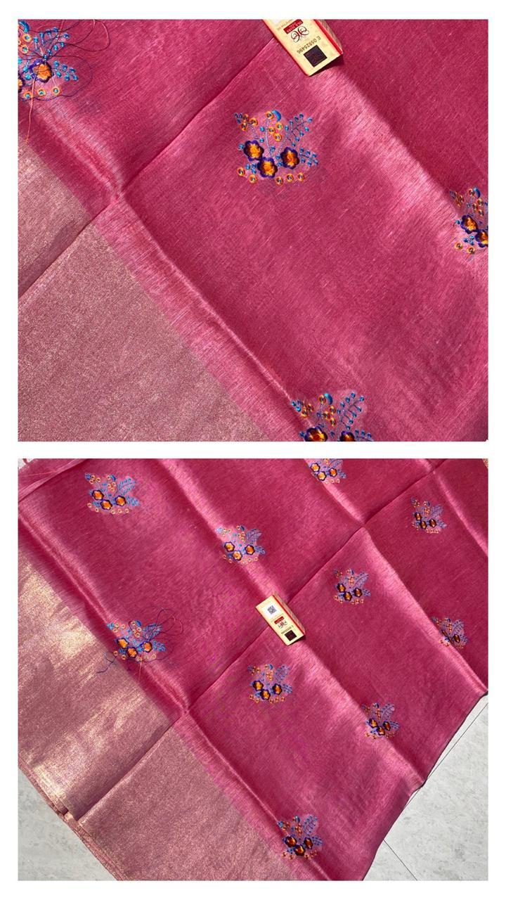 Embroidered Pure Linen Silk Saree With Machine Embroidery All Over Saree.