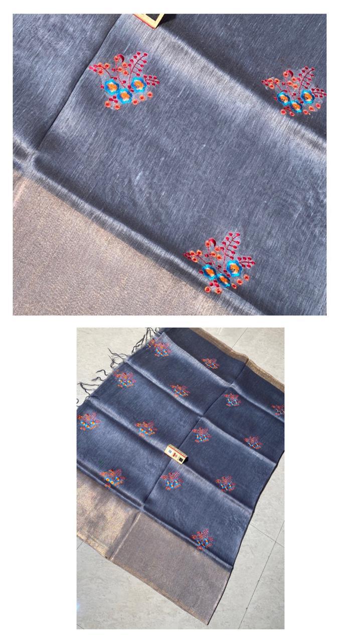 Embroidered Pure Linen Silk Saree With Machine Embroidery All Over Saree.