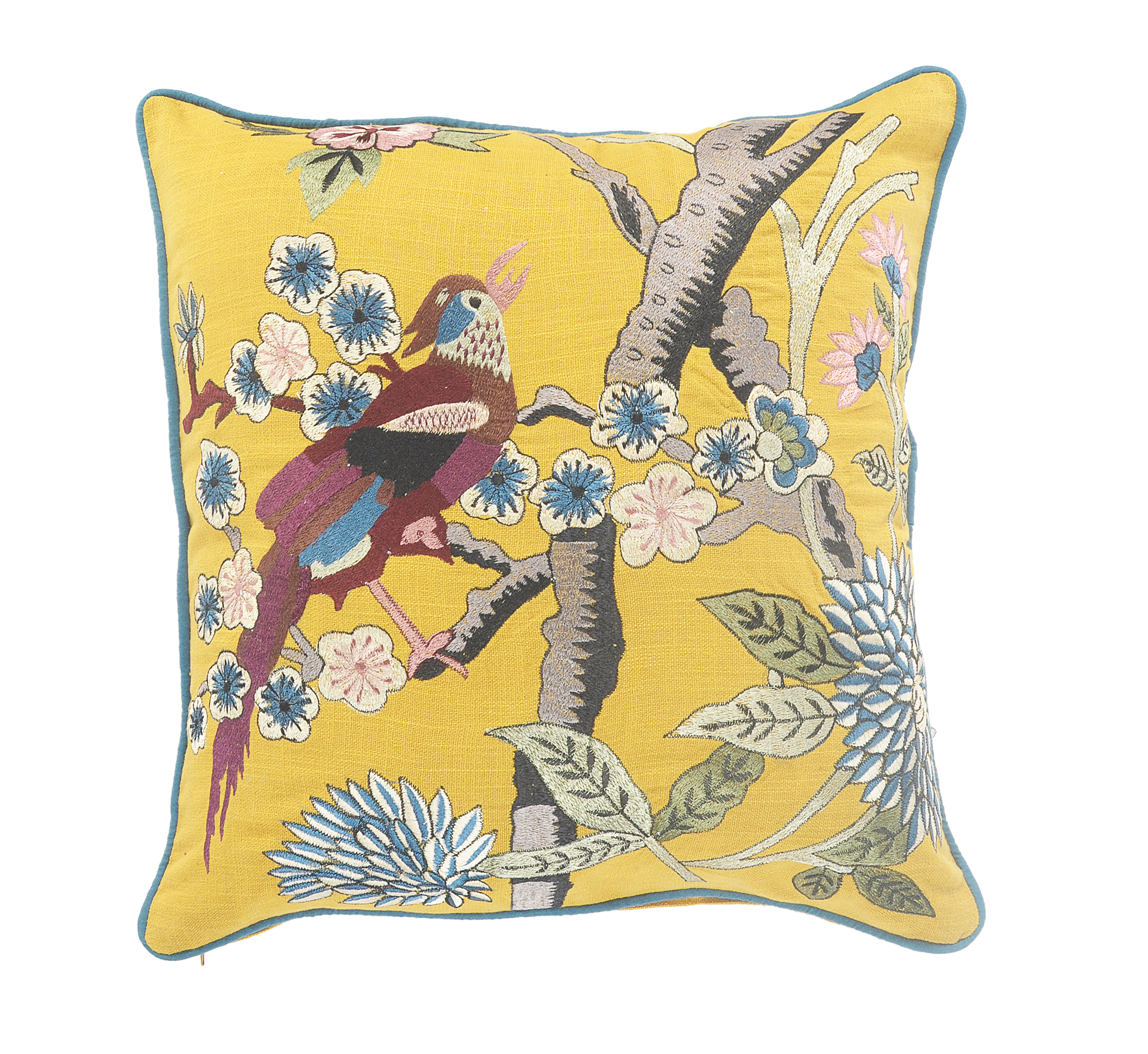 Cushion Cover - 457.2 X 457.2 Mm Handmade 100% Cotton Yellow | Customizable Ethnic Embroidery, Ideal For Home And Garden Decor