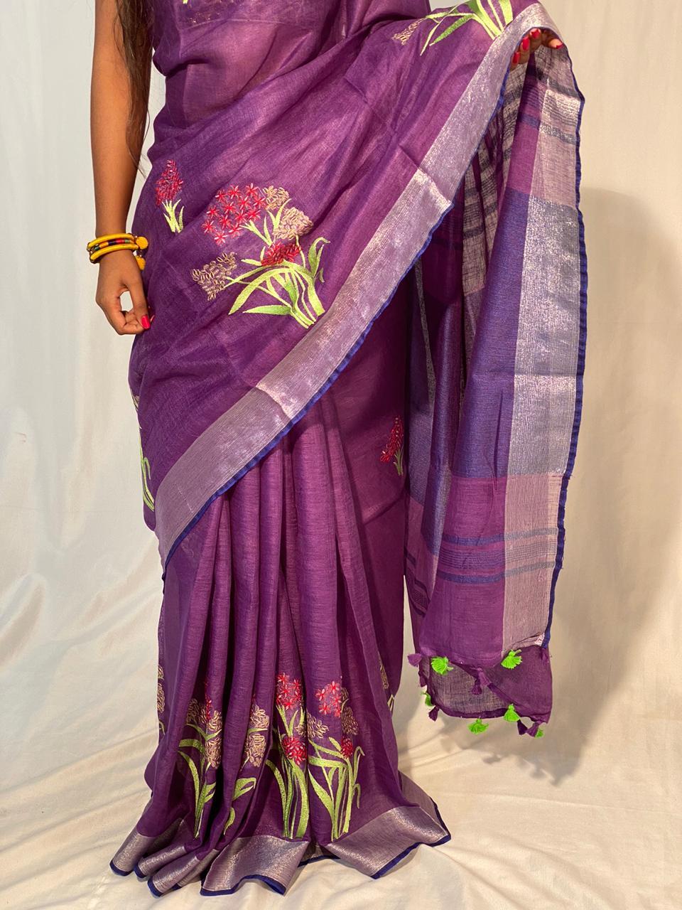 Pure Linen Saree - 120 Count Machine Embroidery | Embroidered Pattern, Ideal For Rainy And Spring Seasons