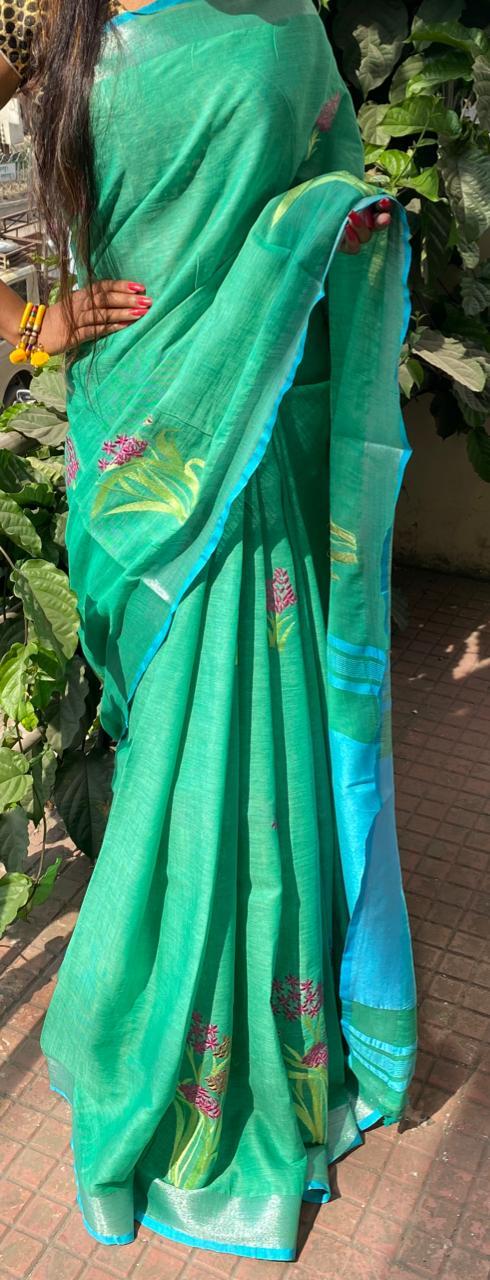 Pure Linen Saree - 120 Count Machine Embroidery | Embroidered Pattern, Ideal For Rainy And Spring Seasons