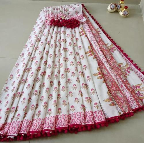 Spring Cotton Mulmul Saree With Pompom Lace With Blouse