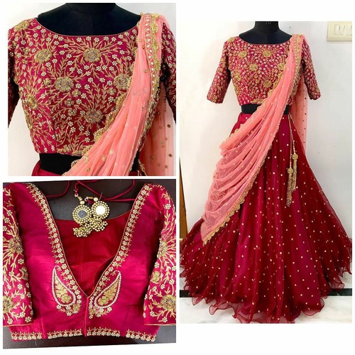 Traditional Red Net Embroidered Hand Work Lehenga Decoration Material: Stones