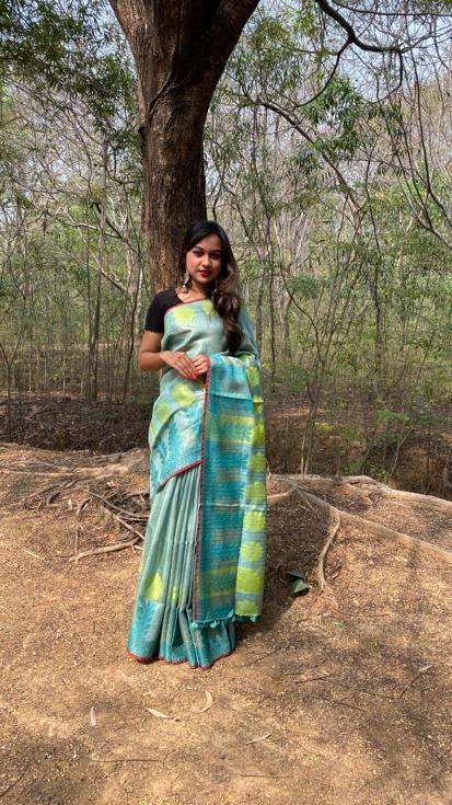 Woven Pure Tissue By Linen Jacquard Weaving Saree.