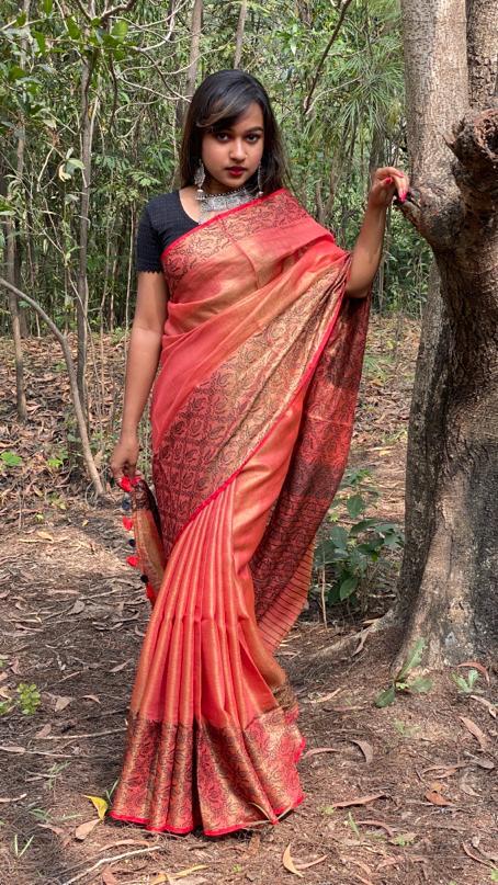 Woven Pure Tissue By Linen Jacquard Weaving Saree.